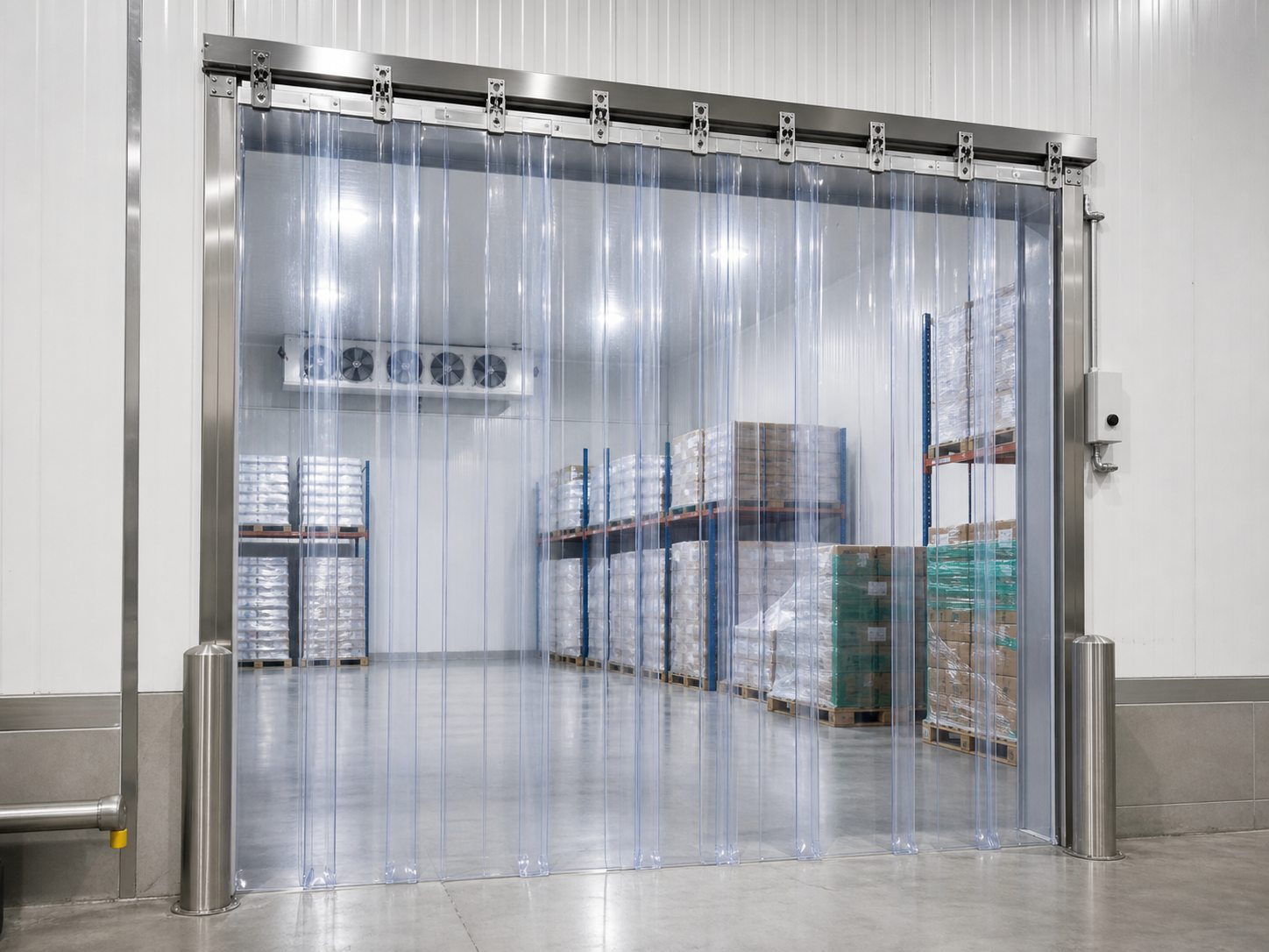 Low temperature PVC strip curtain installed at a cold room entrance