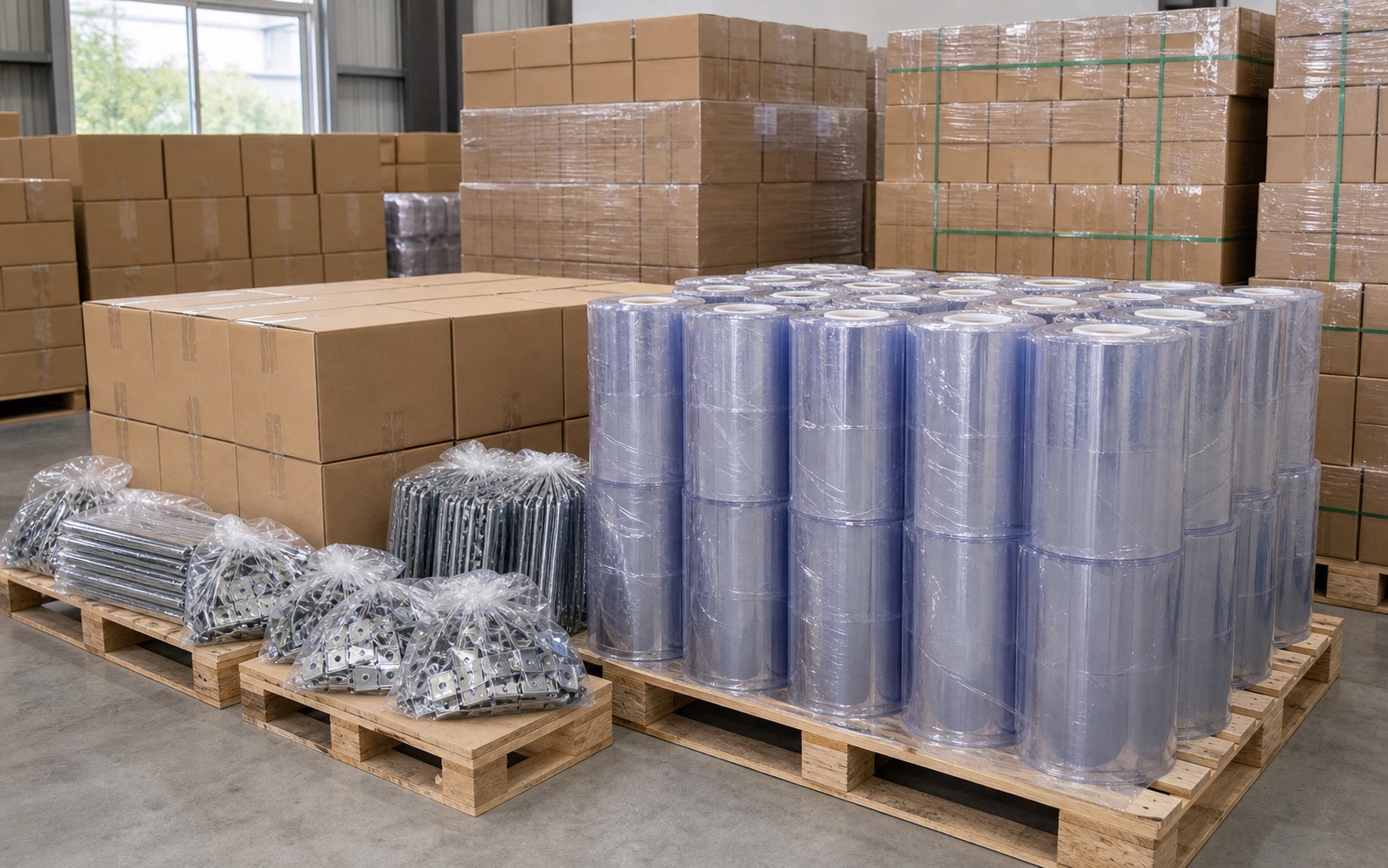 PVC strip curtain rolls and hardware packed for export