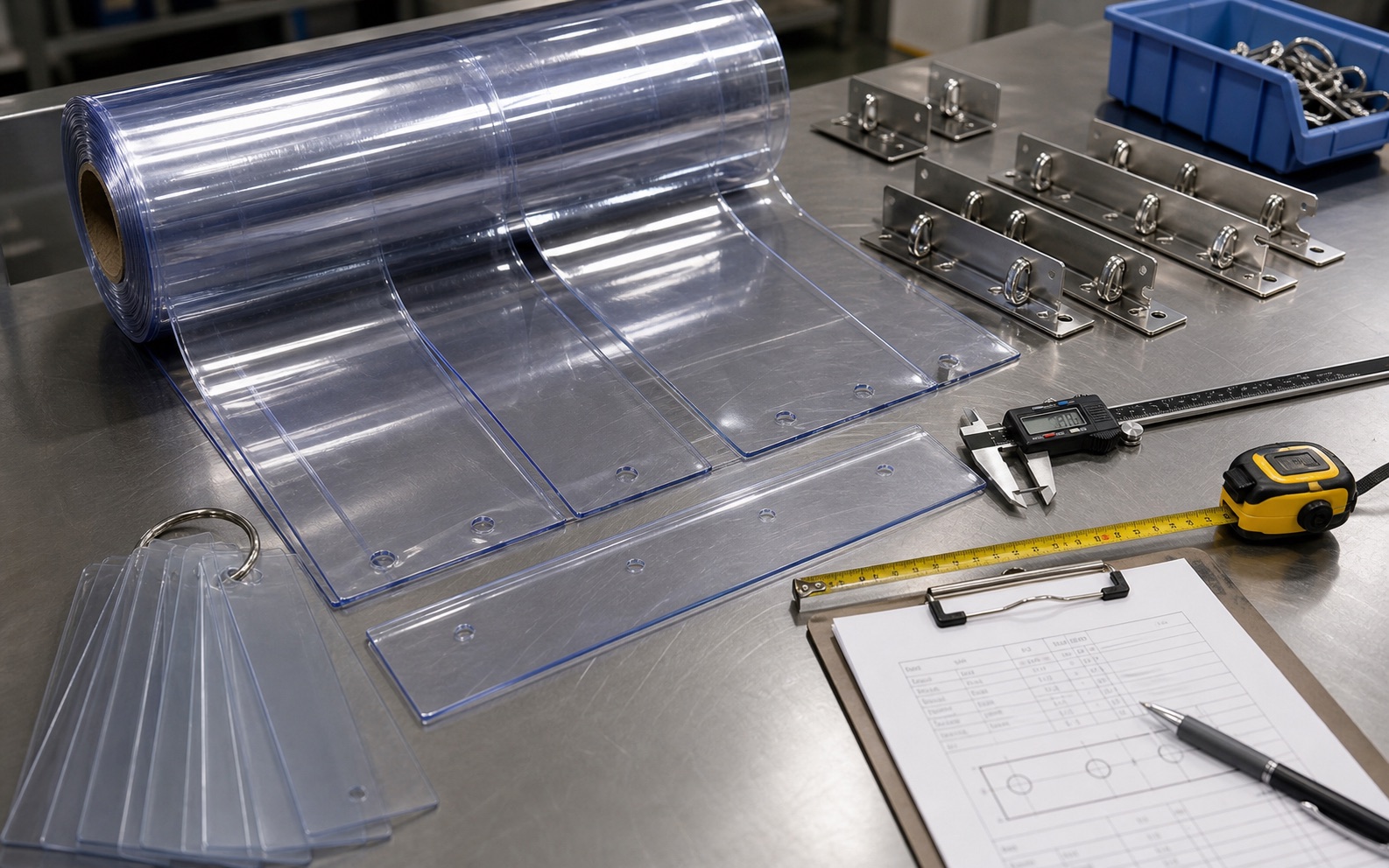 PVC strip curtain material and hanging hardware quality inspection