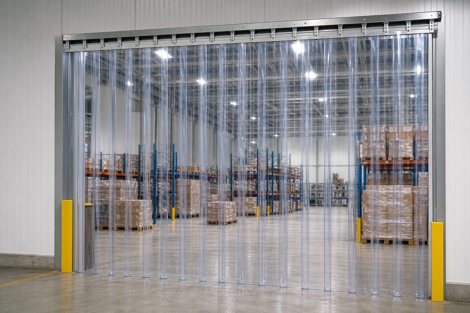 Clear PVC strip curtain installed at a warehouse doorway