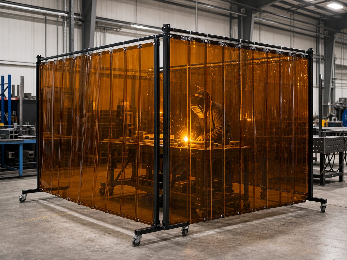 Colored PVC welding curtain safety screen in a workshop